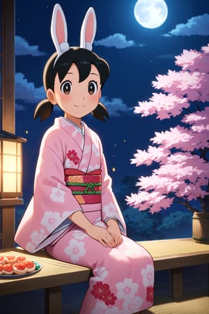 score_9, score_8_up, score_7_up, score_6_up, score_5_up, score_4_up, source_anime, anime coloring, minamoto shizuka, low twintails, 1girl, japanese clothes, solo, long hair, moon, kimono, full moon, smile, wagashi, food, sitting, layered clothes, pink kimono, floral print, animal ears, seiza, blush, rabbit ears, night, wide sleeves, layered kimono, mochi, short hair,