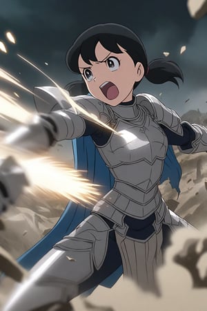 anime coloring, masterpiece, best quality,absurdres, minamoto shizua, low twintails, black hair, high detailed,very aesthetic, 1girl, detailed gorgeous eyes, perfect face, detailed face, female knight, detailed armor, silver armor, blue cape flowing, dynamic action pose, intense expression, determined eyes, battlefield, dramatic lighting, epic battle, dust and debris, high contrast, cinematic angle, 2/3 shot