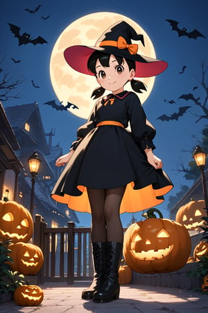 score_9, score_8_up, score_7_up, score_6_up, score_5_up, score_4_up, source_anime, (masterpiece, top quality), high definition, artistic composition, minamoto shizuka, low twintails, short twintails, 1girl, hat, solo, witch hat, halloween, full body, looking at viewer, smile, halloween costume, dress, jack-o'-lantern, pumpkin, black headwear, black dress, boots, black pantyhose