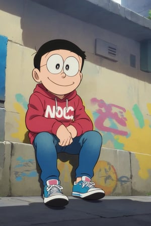 high detailed,very aestheticnobi nobita, 1boy, glasses, smile, detailed gorgeous eyes, perfect face, detailed face, street-style boy, sitting, confident pose, under bridge, graffiti art, urban setting, hoodie, ripped jeans, sneakers, vibrant colors, expressive graffiti, shadows, natural lighting, BREAK, relaxed expression, hands in pockets, cool demeanor, wind-blown hair, cinematic, dusk, from_below,