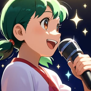 score_9, score_8_up, score_7_up, score_6_up, score_5_up, score_4_up, source_anime, anime coloring, minamoto shizuka, 1girl, solo, \m/, green hair, microphone, red eyes, short hair, smile, open mouth, sparkle, orange background, low twintails,