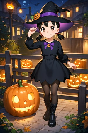 score_9, score_8_up, score_7_up, score_6_up, score_5_up, score_4_up, source_anime, (masterpiece, top quality), high definition, artistic composition, minamoto shizuka, low twintails, short twintails, 1girl, hat, solo, witch hat, halloween, full body, looking at viewer, smile, halloween costume, dress, jack-o'-lantern, pumpkin, black headwear, black dress, boots, black pantyhose