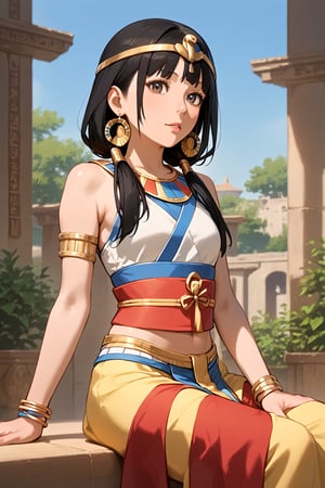 score_9, score_8_up, score_7_up, source_anime, masterpiece, best quality, 32K Ultra HD anime, ultra high resolution, minamoto shizuka, black hair, low twintails, 1girl, solo, jewelry, black hair, long hair, earrings, sitting, midriff, bracelet, realistic, egyptian clothes, armlet, lips, circlet,