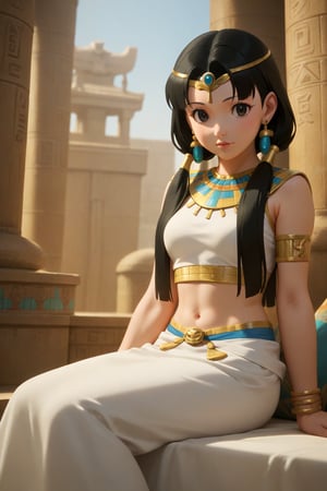 score_9, score_8_up, score_7_up, source_anime, masterpiece, best quality, 32K Ultra HD anime, ultra high resolution, minamoto shizuka, black hair, low twintails, 1girl, solo, jewelry, black hair, long hair, earrings, sitting, midriff, bracelet, realistic, egyptian clothes, armlet, lips, circlet,