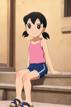 (masterpiece, top quality), high definition, artistic composition, (1girl, solo, minamoto shizuka, 10yo, black hair,black eyes, twintails,pink tank top, navy blue shorts, sandals, sitting, looking at viewer,happy)