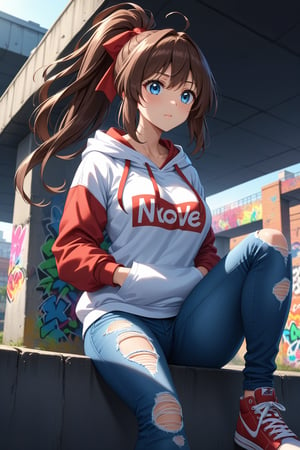 high detailed,very aesthetic,cowboy shot,high detailed,very aesthetic, kanzaki aoi, 1girl, brown hair, blue eyes, ponytail, red ribbon, long hair, large brests, detailed gorgeous eyes, perfect face, detailed face, street-style girl, sitting, confident pose, under bridge, graffiti art, urban setting, hoodie, ripped jeans, sneakers, vibrant colors, expressive graffiti, shadows, natural lighting, BREAK, relaxed expression, hands in pockets, cool demeanor, wind-blown hair, cinematic, dusk, from_below,
