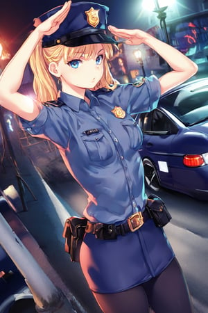 score_9, score_8_up, score_7_up, score_6_up, score_5_up, score_4_up, source_anime, high detailed,very aesthetic, kanzaki asuka, 1girl, blonde hair, blue eyes,  A police officer, standing under a dim streetlight, modern skyscrapers background, wearing dark blue uniform, take a selfies, police cap, salute, a shadowy corner, light rain falls, mysterious atmosphere, police car, flashing lights, mist, Cinematic, dramatic lighting, high contrast, wide angle,