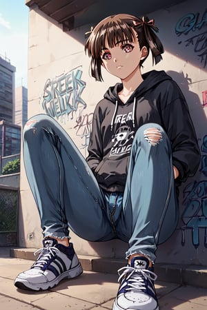 score_9, score_8_up, score_7_up, score_6_up, score_5_up, score_4_up, source_anime, high detailed,very aesthetic, soratani natsuki, hair rings, short hair, twintails,detailed gorgeous eyes, perfect face, detailed face, street-style girl, sitting, confident pose, under bridge, graffiti art, urban setting, hoodie, ripped jeans, sneakers, vibrant colors, expressive graffiti, shadows, natural lighting, BREAK, relaxed expression, hands in pockets, cool demeanor, wind-blown hair, cinematic, dusk, from_below,