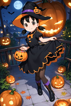 score_9, score_8_up, score_7_up, score_6_up, score_5_up, score_4_up, source_anime, (masterpiece, top quality), high definition, artistic composition, minamoto shizuka, low twintails, short twintails, 1girl, hat, solo, witch hat, halloween, full body, looking at viewer, smile, halloween costume, dress, jack-o'-lantern, pumpkin, black headwear, black dress, boots, black pantyhose