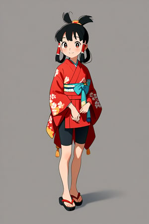 score_9, score_8_up, score_7_up, source_anime, masterpiece, best quality, 32K Ultra HD anime, ultra high resolution, minamoto shizuka, black hair, 1girl, solo, japanese clothes, full body, red kimono, hair rings, kimono, smile, simple background, closed mouth, black hair, standing,looking at viewer, shorts, sandals, bike shorts, long sleeves, hair tubes, black shorts