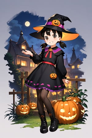 score_9, score_8_up, score_7_up, score_6_up, score_5_up, score_4_up, source_anime, (masterpiece, top quality), high definition, artistic composition, minamoto shizuka, low twintails, short twintails, 1girl, hat, solo, witch hat, halloween, full body, looking at viewer, smile, halloween costume, dress, jack-o'-lantern, pumpkin, black headwear, black dress, boots, black pantyhose