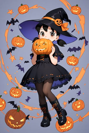 score_9, score_8_up, score_7_up, score_6_up, score_5_up, score_4_up, source_anime, (masterpiece, top quality), high definition, artistic composition, minamoto shizuka, low twintails, short twintails, 1girl, hat, solo, witch hat, halloween, full body, looking at viewer, smile, halloween costume, dress, jack-o'-lantern, pumpkin, black headwear, black dress, boots, black pantyhose