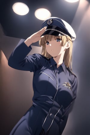 high detailed,very aesthetic, kanzaki asuka, 1girl, blonde hair, blue eyes,  A police officer, standing under a dim streetlight, modern skyscrapers background, wearing dark blue uniform, take a selfies, police cap, salute, a shadowy corner, light rain falls, mysterious atmosphere, police car, flashing lights, mist, Cinematic, dramatic lighting, high contrast, wide angle,