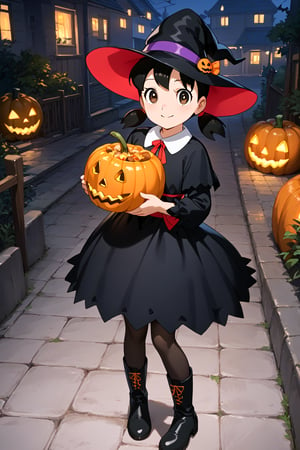 score_9, score_8_up, score_7_up, score_6_up, score_5_up, score_4_up, source_anime, (masterpiece, top quality), high definition, artistic composition, minamoto shizuka, low twintails, short twintails, 1girl, hat, solo, witch hat, halloween, full body, looking at viewer, smile, halloween costume, dress, jack-o'-lantern, pumpkin, black headwear, black dress, boots, black pantyhose