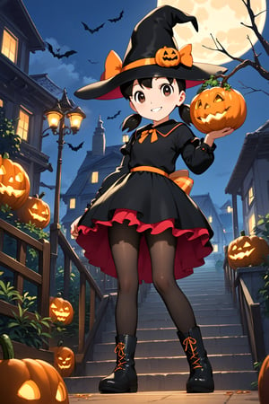 score_9, score_8_up, score_7_up, score_6_up, score_5_up, score_4_up, source_anime, (masterpiece, top quality), high definition, artistic composition, minamoto shizuka, low twintails, short twintails, 1girl, hat, solo, witch hat, halloween, full body, looking at viewer, smile, halloween costume, dress, jack-o'-lantern, pumpkin, black headwear, black dress, boots, black pantyhose