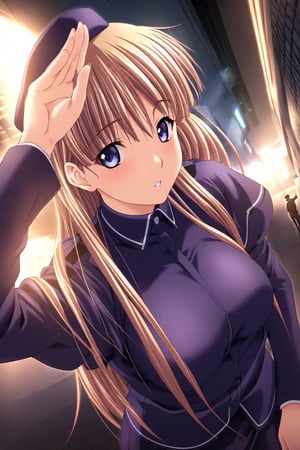 high detailed,very aesthetic, kanzaki asuka, 1girl, blonde hair, blue eyes,  A police officer, standing under a dim streetlight, modern skyscrapers background, wearing dark blue uniform, take a selfies, police cap, salute, a shadowy corner, light rain falls, mysterious atmosphere, police car, flashing lights, mist, Cinematic, dramatic lighting, high contrast, wide angle,