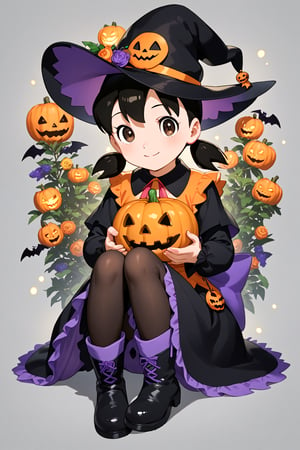 score_9, score_8_up, score_7_up, score_6_up, score_5_up, score_4_up, source_anime, (masterpiece, top quality), high definition, artistic composition, minamoto shizuka, low twintails, short twintails, 1girl, hat, solo, witch hat, halloween, full body, looking at viewer, smile, halloween costume, dress, jack-o'-lantern, pumpkin, black headwear, black dress, boots, black pantyhose