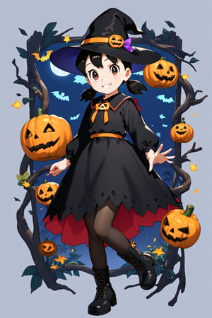 score_9, score_8_up, score_7_up, score_6_up, score_5_up, score_4_up, source_anime, (masterpiece, top quality), high definition, artistic composition, minamoto shizuka, low twintails, short twintails, 1girl, hat, solo, witch hat, halloween, full body, looking at viewer, smile, halloween costume, dress, jack-o'-lantern, pumpkin, black headwear, black dress, boots, black pantyhose