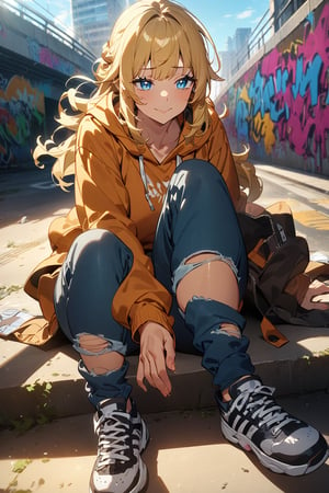 masterpiece, high detailed,very aesthetic, ritto, 1girl, blonde hair, blue eyes, detailed gorgeous eyes, perfect face, detailed face, street-style girl, sitting, confident pose, under bridge, graffiti art, urban setting, hoodie, ripped jeans, sneakers, vibrant colors, expressive graffiti, shadows, natural lighting, BREAK, relaxed expression, hands in pockets, cool demeanor, wind-blown hair, cinematic, dusk, from_below,