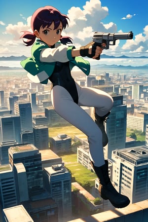 score_9, score_8_up, score_7_up, score_6_up, score_5_up, score_4_up, source_anime, anime coloring, minamoto shizuka, 1girl, low twintails, solo, weapon, gun, short hair, gloves, fingerless gloves, jacket, handgun, aiming, pants, boots, purple hair, holding, holding weapon, white background, full body, holding gun, lips, aiming at viewer, looking at viewer, leotard, scenery, city, sky, building, outdoors, cityscape, skyscraper, science fiction, no humans, blue sky, cloud, day,