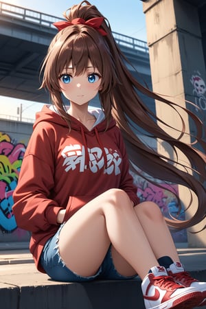 high detailed,very aesthetic,cowboy shot,high detailed,very aesthetic, kanzaki aoi, 1girl, brown hair, blue eyes, ponytail, red ribbon, long hair, detailed gorgeous eyes, perfect face, detailed face, street-style girl, sitting, confident pose, under bridge, graffiti art, urban setting, hoodie, ripped jeans, sneakers, vibrant colors, expressive graffiti, shadows, natural lighting, BREAK, relaxed expression, hands in pockets, cool demeanor, wind-blown hair, cinematic, dusk, from_below,
