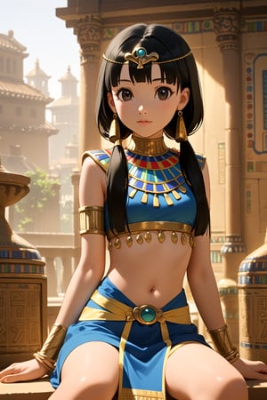 score_9, score_8_up, score_7_up, source_anime, masterpiece, best quality, 32K Ultra HD anime, ultra high resolution, minamoto shizuka, black hair, low twintails, 1girl, solo, jewelry, black hair, long hair, earrings, sitting, midriff, bracelet, realistic, egyptian clothes, armlet, lips, circlet,