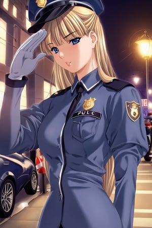 high detailed,very aesthetic, kanzaki asuka, 1girl, blonde hair, blue eyes,  A police officer, standing under a dim streetlight, modern skyscrapers background, wearing dark blue uniform, take a selfies, police cap, salute, a shadowy corner, light rain falls, mysterious atmosphere, police car, flashing lights, mist, Cinematic, dramatic lighting, high contrast, wide angle,