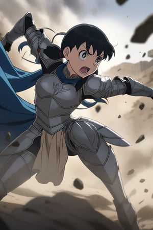 anime coloring, masterpiece, best quality,absurdres, minamoto shizua, low twintails, black hair, high detailed,very aesthetic, 1girl, detailed gorgeous eyes, perfect face, detailed face, female knight, detailed armor, silver armor, blue cape flowing, dynamic action pose, intense expression, determined eyes, battlefield, dramatic lighting, epic battle, dust and debris, high contrast, cinematic angle, 2/3 shot