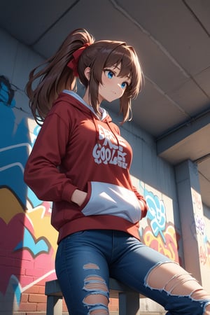 high detailed,very aesthetic,cowboy shot,high detailed,very aesthetic, kanzaki aoi, 1girl, brown hair, blue eyes, ponytail, red ribbon, long hair, large brests, detailed gorgeous eyes, perfect face, detailed face, street-style girl, sitting, confident pose, under bridge, graffiti art, urban setting, hoodie, ripped jeans, sneakers, vibrant colors, expressive graffiti, shadows, natural lighting, BREAK, relaxed expression, hands in pockets, cool demeanor, wind-blown hair, cinematic, dusk, from_below,
