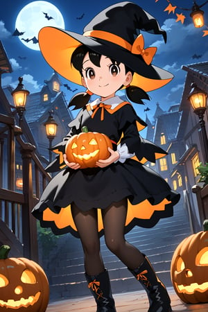 score_9, score_8_up, score_7_up, score_6_up, score_5_up, score_4_up, source_anime, (masterpiece, top quality), high definition, artistic composition, minamoto shizuka, low twintails, short twintails, 1girl, hat, solo, witch hat, halloween, full body, looking at viewer, smile, halloween costume, dress, jack-o'-lantern, pumpkin, black headwear, black dress, boots, black pantyhose