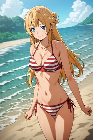 score_9, score_8_up, score_7_up, score_6_up, score_5_up, score_4_up, source_anime, ritto, single hair bun, anime coloring,waves, beach, blue sky, (clouds:0.8), solo, smile, red bikini, striped bikini, flat illustration, cowboy shot, dynamic pose angle, masterpiece, best-quality, highest-definition, ultra-detailed, high-resolution, intricate,