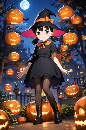 score_9, score_8_up, score_7_up, score_6_up, score_5_up, score_4_up, source_anime, (masterpiece, top quality), high definition, artistic composition, minamoto shizuka, low twintails, short twintails, 1girl, hat, solo, witch hat, halloween, full body, looking at viewer, smile, halloween costume, dress, jack-o'-lantern, pumpkin, black headwear, black dress, boots, black pantyhose