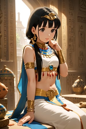 score_9, score_8_up, score_7_up, source_anime, masterpiece, best quality, 32K Ultra HD anime, ultra high resolution, minamoto shizuka, black hair, low twintails, 1girl, solo, jewelry, black hair, long hair, earrings, sitting, midriff, bracelet, realistic, egyptian clothes, armlet, lips, circlet,