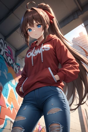 high detailed,very aesthetic,cowboy shot,high detailed,very aesthetic, kanzaki aoi, 1girl, brown hair, blue eyes, ponytail, red ribbon, long hair, detailed gorgeous eyes, perfect face, detailed face, street-style girl, sitting, confident pose, under bridge, graffiti art, urban setting, hoodie, ripped jeans, sneakers, vibrant colors, expressive graffiti, shadows, natural lighting, BREAK, relaxed expression, hands in pockets, cool demeanor, wind-blown hair, cinematic, dusk, from_below,
