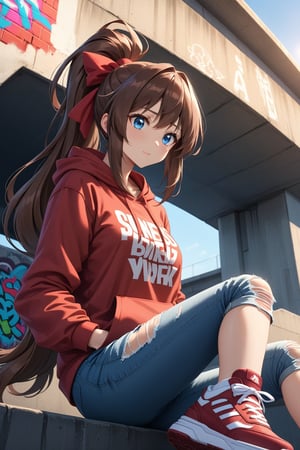 high detailed,very aesthetic,cowboy shot,high detailed,very aesthetic, kanzaki aoi, 1girl, brown hair, blue eyes, ponytail, red ribbon, long hair, detailed gorgeous eyes, perfect face, detailed face, street-style girl, sitting, confident pose, under bridge, graffiti art, urban setting, hoodie, ripped jeans, sneakers, vibrant colors, expressive graffiti, shadows, natural lighting, BREAK, relaxed expression, hands in pockets, cool demeanor, wind-blown hair, cinematic, dusk, from_below,
