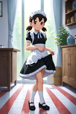 score_9, score_8_up, score_7_up, score_6_up, score_5_up, score_4_up, source_anime, anime coloring, minamoto shizuka, low twintails, 1girl, solo, smile, maid, black footwear, maid headdress, brown eyes, dress, white socks, short sleeves, apron, blush, skirt hold, shoes, looking at viewer, low twintails, crossed legs, full body, watson cross, white apron, mary janes, indoors, standing, reflective floor, closed mouth, brown hair, tiles, maid apron, short twintails, frills, kneehighs, curtains, black hair, tile floor, frilled dress, frilled apron, medium hair, black dress