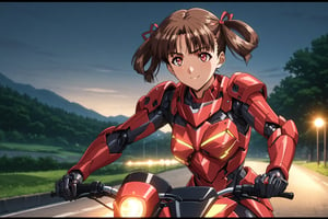 masterpiece, very detailed facial features, incredibly detailed, mood lighting, cinematic lighting, volumetric lighting, high detailed,very aesthetic, soratani natsuki, hair rings, twintails, red eyes, brown hair,1girl solo, a cyborg girl in mecha armor. black and red colored armor. exquisite face, soft shiny skin, gentle smile, upperbody shot, ., Riding a motorbike, wind in hair,city street or countryside road, dynamic pose, focused expression, Vibrant colors,Cobalt blue and yellow colors ,ek_an1_b00ster,ek_art_b00ster