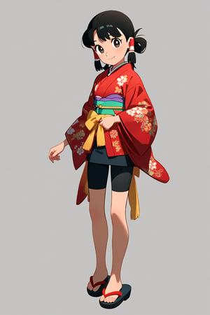 score_9, score_8_up, score_7_up, source_anime, masterpiece, best quality, 32K Ultra HD anime, ultra high resolution, minamoto shizuka, black hair, 1girl, solo, japanese clothes, full body, red kimono, hair rings, white background, kimono, smile, simple background, closed mouth, black hair, standing,looking at viewer, shorts, sandals, bike shorts, long sleeves, hair tubes, black shorts