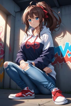 high detailed,very aesthetic,cowboy shot,high detailed,very aesthetic, kanzaki aoi, 1girl, brown hair, blue eyes, ponytail, red ribbon, long hair, large brests, detailed gorgeous eyes, perfect face, detailed face, street-style girl, sitting, confident pose, under bridge, graffiti art, urban setting, hoodie, ripped jeans, sneakers, vibrant colors, expressive graffiti, shadows, natural lighting, BREAK, relaxed expression, hands in pockets, cool demeanor, wind-blown hair, cinematic, dusk, from_below,
