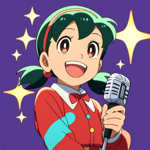 score_9, score_8_up, score_7_up, score_6_up, score_5_up, score_4_up, source_anime, anime coloring, minamoto shizuka, 1girl, solo, \m/, green hair, microphone, red eyes, short hair, smile, open mouth, sparkle, orange background, low twintails,