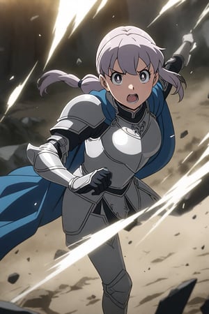 anime coloring, masterpiece, best quality,absurdres, minamoto shizua, low ponytail, high detailed,very aesthetic, 1girl, detailed gorgeous eyes, perfect face, detailed face, 1girl, female knight, detailed armor, silver armor, blue cape flowing, dynamic action pose, intense expression, determined eyes, battlefield, dramatic lighting, epic battle, dust and debris, high contrast, cinematic angle, 2/3 shot
