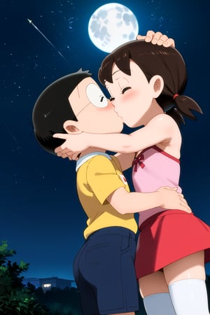 score_9, score_8_up, score_7_up, score_6_up, score_5_up, score_4_up, source_anime, couple, (nobi nobita), minamoto shizuka,1girl, 1boy, kiss, night, thighhighs, closed eyes, twintails, hetero, moon, skirt, yellow shirt, blush, shorts, sky, short hair, outdoors, red skirt, child on child, short twintails, black hair, full moon, star \(sky\), night sky, hand on another's head, shirt, white thighhighs, brown hair, camisole, starry sky, black shorts, zettai ryouiki, shooting star