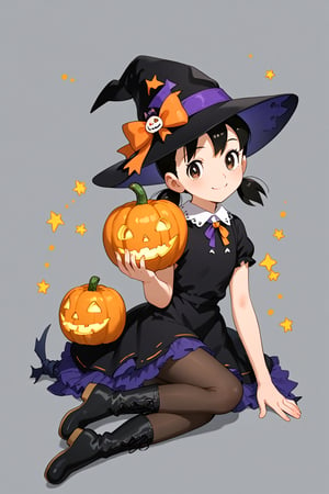 score_9, score_8_up, score_7_up, score_6_up, score_5_up, score_4_up, source_anime, (masterpiece, top quality), high definition, artistic composition, minamoto shizuka, low twintails, short twintails, 1girl, hat, solo, witch hat, halloween, full body, looking at viewer, smile, halloween costume, dress, jack-o'-lantern, pumpkin, black headwear, black dress, boots, black pantyhose