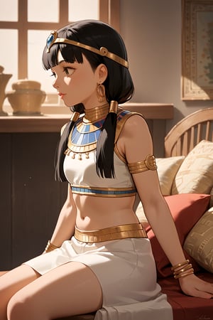 score_9, score_8_up, score_7_up, source_anime, masterpiece, best quality, 32K Ultra HD anime, ultra high resolution, minamoto shizuka, black hair, low twintails, 1girl, solo, jewelry, black hair, long hair, earrings, sitting, midriff, bracelet, realistic, egyptian clothes, armlet, lips, circlet,