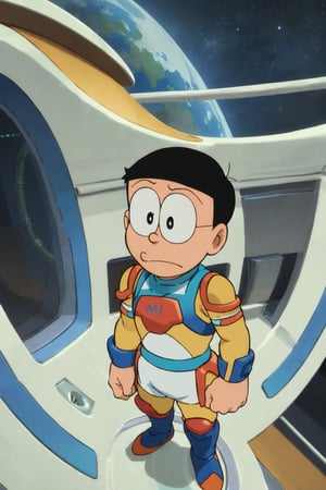 nobi nobita, glasses, 1boy, futuristic male warrior, armored outfit standing confidently, pensive, fit, Perspective, in space ship, front view, masterpiece, hyper realistic,
