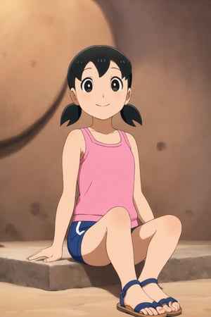 (masterpiece, top quality), high definition, artistic composition, (1girl, solo, minamoto shizuka, 10yo, black hair,black eyes, twintails,pink tank top, navy blue shorts, sandals, sitting, looking at viewer,happy)