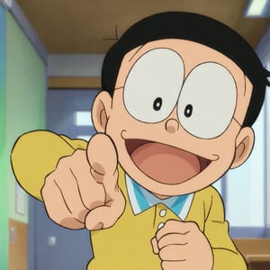 score_9, score_8_up, score_7_up, score_6_up, score_5_up, score_4_up, source_anime, nobi nobita, 1boy, male focus, solo, yellow shirt, blue pants, pointing, black hair, pointing at viewer, open mouth, smile, classroom, black eyes, indoors, looking at viewer, masterpiece, best quality,
