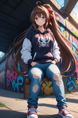 high detailed,very aesthetic,cowboy shot,high detailed,very aesthetic, kanzaki aoi, 1girl, brown hair, blue eyes, ponytail, red ribbon, long hair, large brests, detailed gorgeous eyes, perfect face, detailed face, street-style girl, sitting, confident pose, under bridge, graffiti art, urban setting, hoodie, ripped jeans, sneakers, vibrant colors, expressive graffiti, shadows, natural lighting, BREAK, relaxed expression, hands in pockets, cool demeanor, wind-blown hair, cinematic, dusk, from_below,
