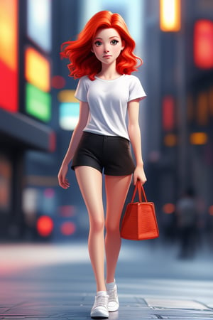 A vibrant image of a young woman with striking red hair, wearing a crisp white t-shirt and black shorts. She stands confidently in a bustling urban setting, her feet clad in pristine white sneakers. The composition captures her from mid-thigh up, with dynamic lighting highlighting her features against the urban backdrop.