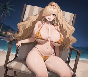 girl lying on beach chair, zPDXL3,(neghands), score_9, score_7_up, source_anime BREAK beach chair, 1girl, solo, night, night sky, shore, palm trees, from below, facing viewer, looking at viewer, BEBEstyle,Cham22, debbie, blonde hair,hair over one eye, ((wavy hair)), very long ponytail, big hair, brown eyes, curvy, thick lips, huge mouth, upper teeth only, tanned BREAK leaf bikini, skindentation, wet skin